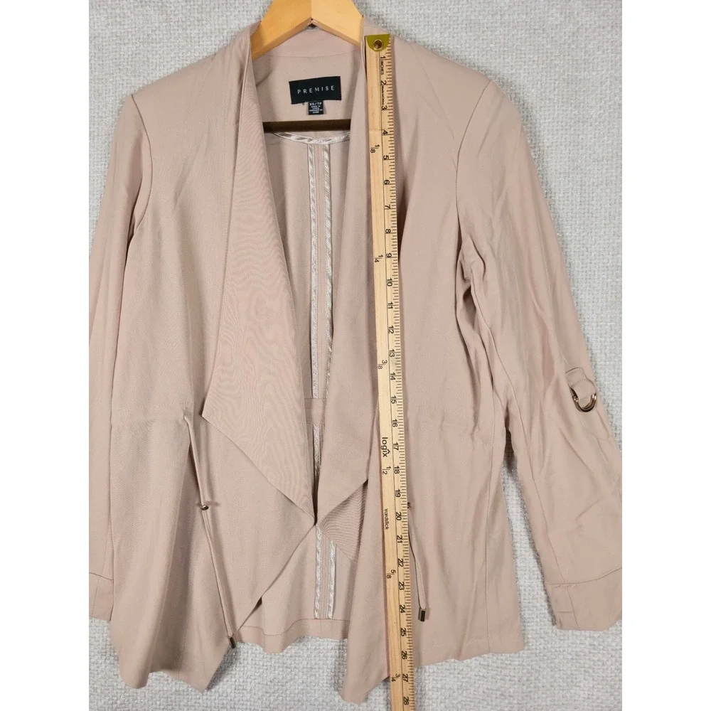 Premise Womens XS Tan Open Front Waterfall‎ Jacket Roll Tab Sleeve Cinched Waist